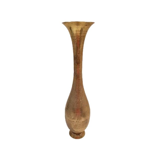 16” Etched Brass Vase Floral Pattern India 1970's Vintage Tall Vase Home Decor - Picture 2 of 4